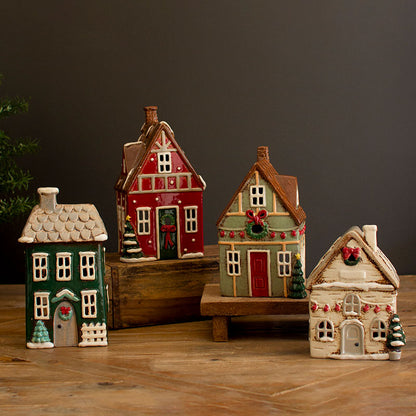 Ceramic Traditional Village Tealight Candle Holders, Set of 4