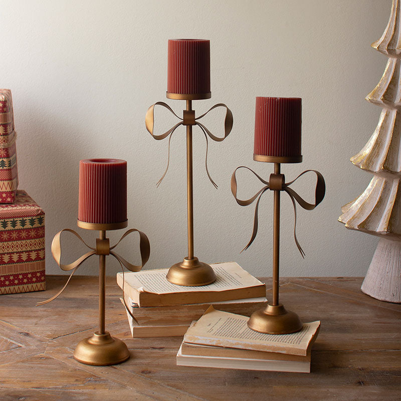 Antique Brass Bow Pillar Candle Holders, Set of 3