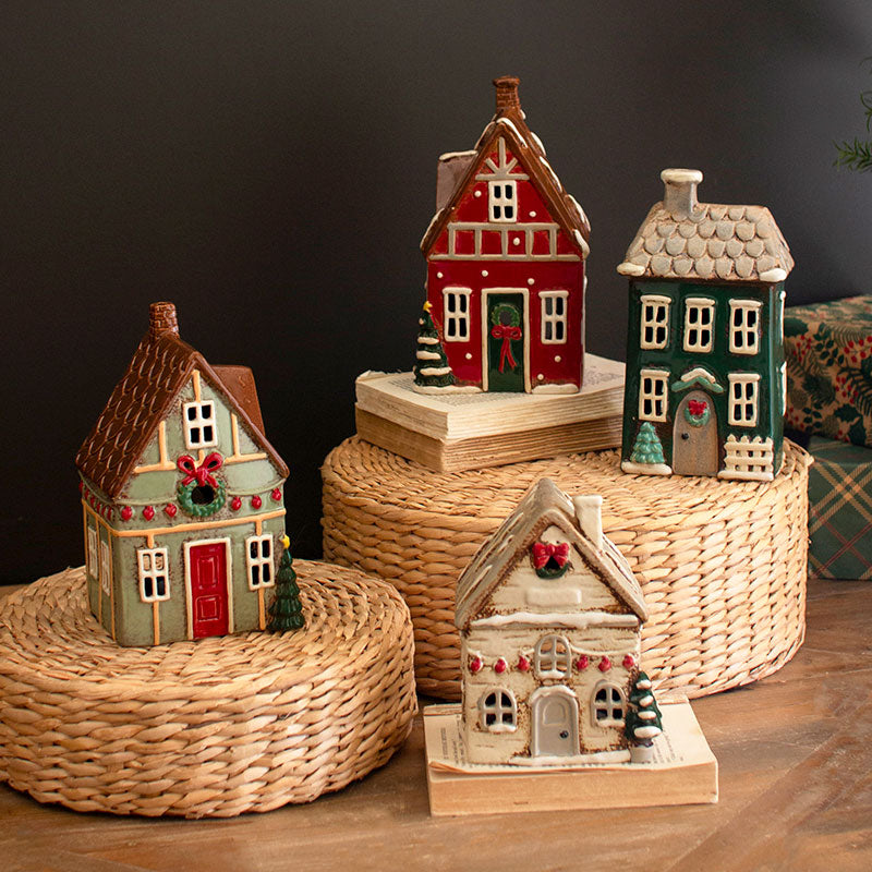 Ceramic Traditional Village Tealight Candle Holders, Set of 4