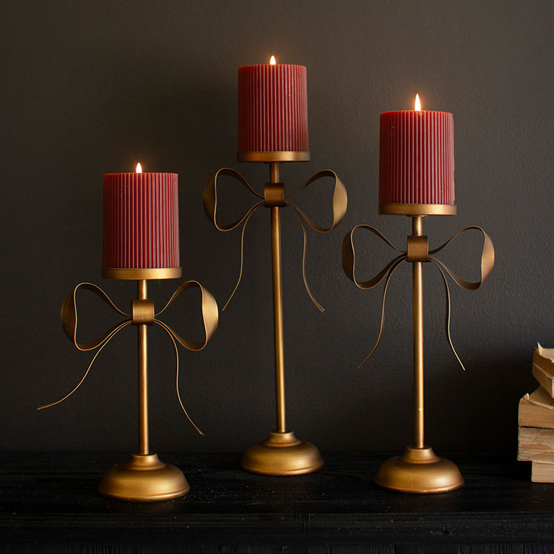 Antique Brass Bow Pillar Candle Holders, Set of 3