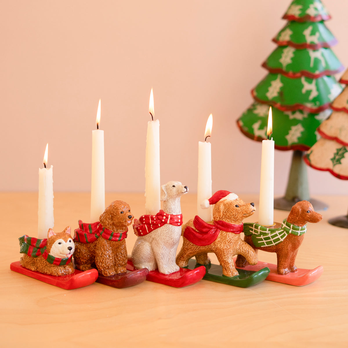 Ceramic Winter Dog Taper Candlestick Holders, Set of 5
