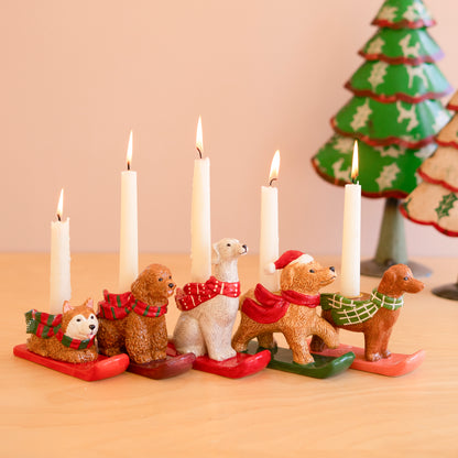 Ceramic Winter Dog Taper Candlestick Holders, Set of 5