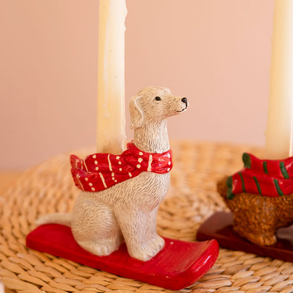 Ceramic Winter Dog Taper Candlestick Holders, Set of 5