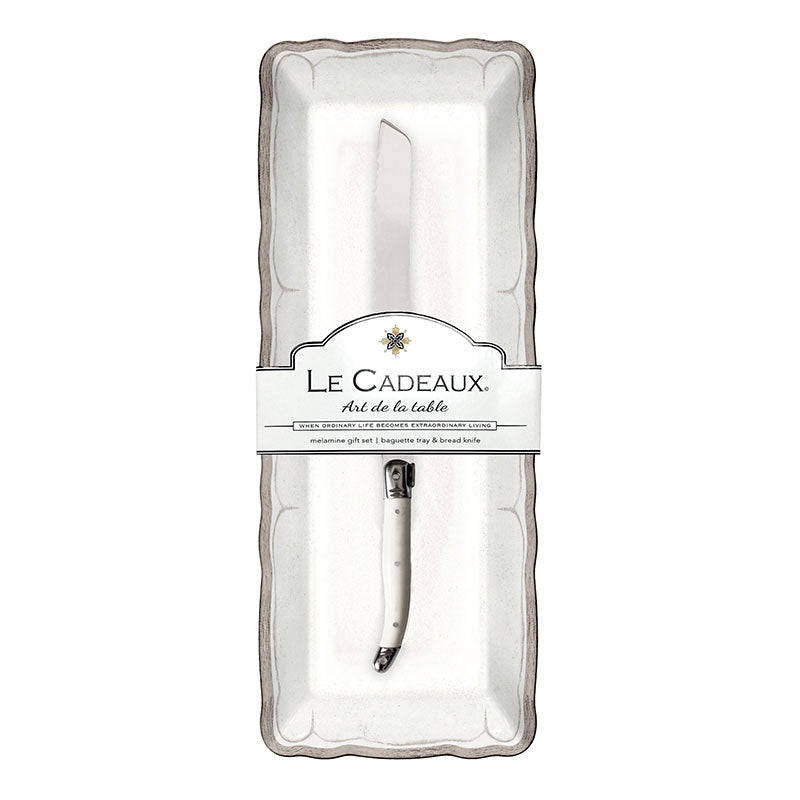 Rustica Antique White Melamine Serving Tray with Laguiole Bread Knife