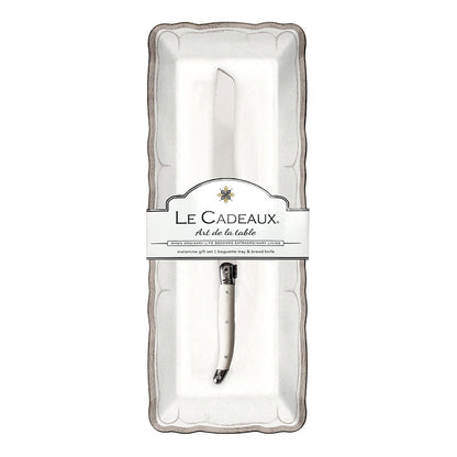Rustica Antique White Melamine Serving Tray with Laguiole Bread Knife