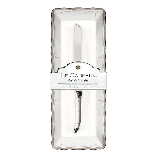 Rustica Antique White Melamine Serving Tray with Laguiole Bread Knife