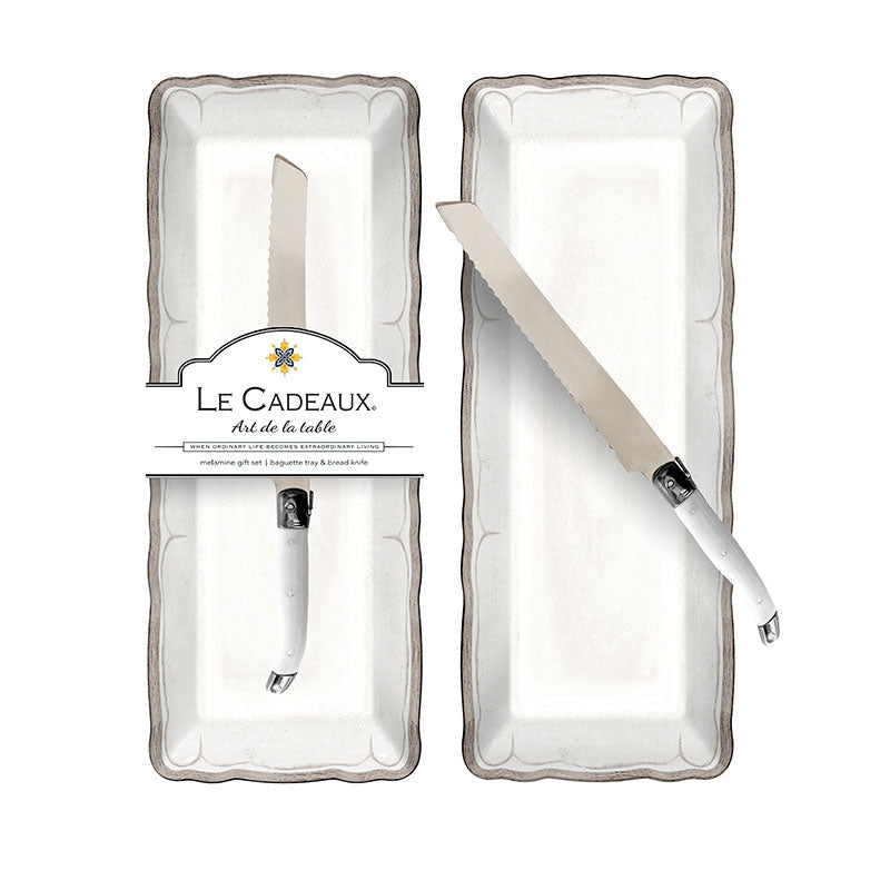 Rustica Antique White Melamine Serving Tray with Laguiole Bread Knife