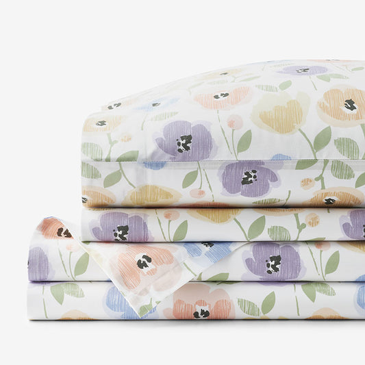 Pastel Poppies Classic Cool Organic Cotton Percale Bed Sheet Set