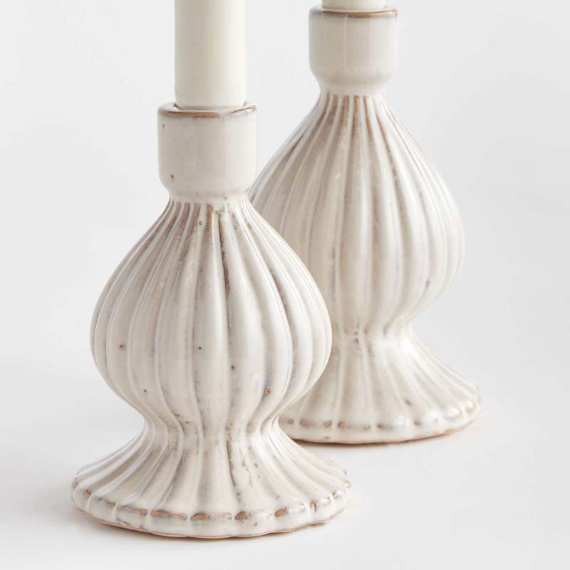 Textured Bulb Stoneware Taper Candlestick Holder, Set of 2