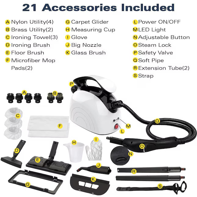Handheld Steam Cleaner 21 Piece Set with 248 F High Temperature for Grout Floor Upholstery Car Interior and Pet Beds