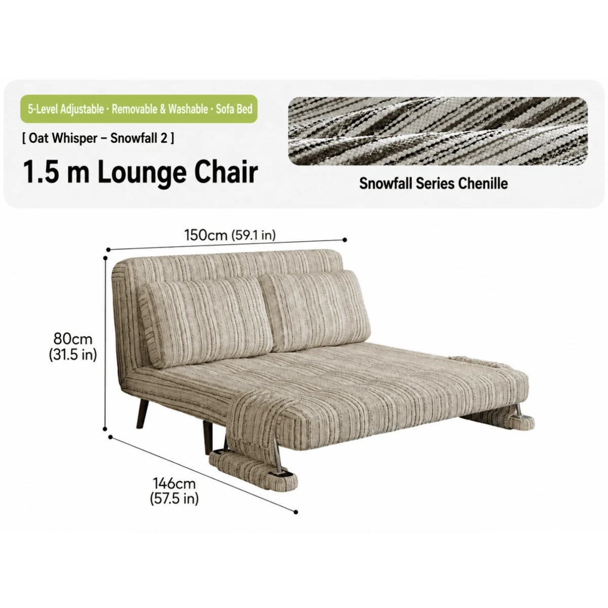 Masca Foldable Sofa Bed with Adjustable Recline & Removable Armrests