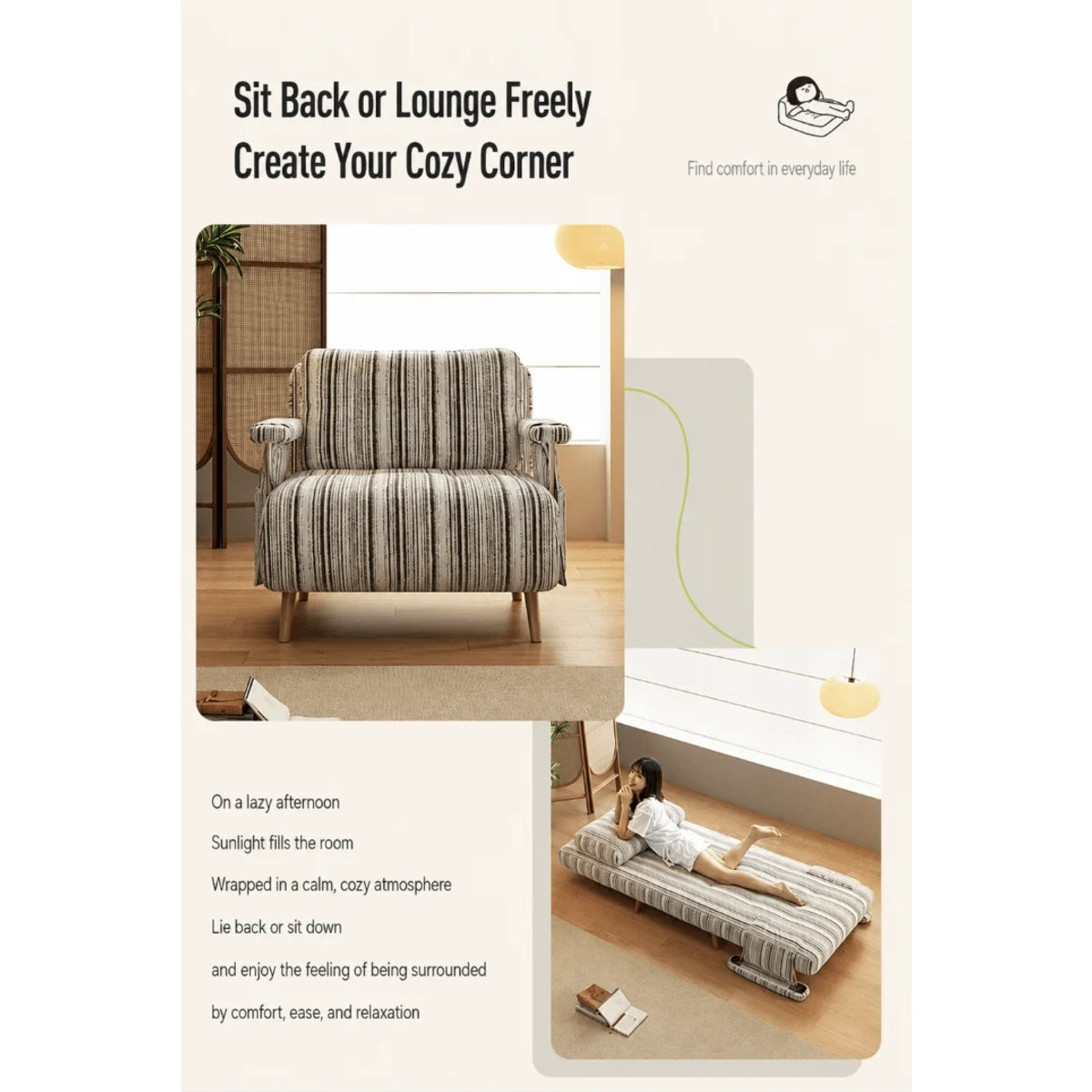 Masca Foldable Sofa Bed with Adjustable Recline & Removable Armrests