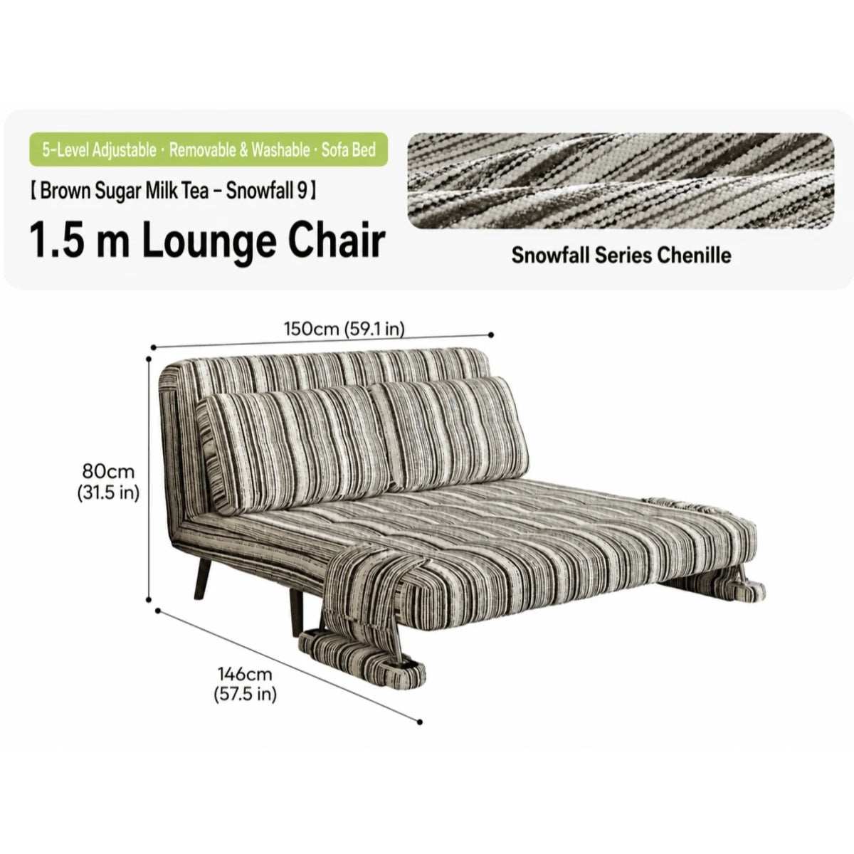 Masca Foldable Sofa Bed with Adjustable Recline & Removable Armrests