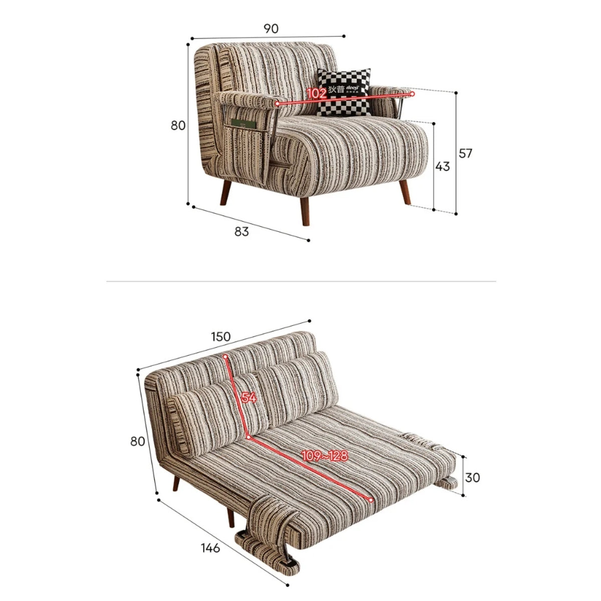 Masca Foldable Sofa Bed with Adjustable Recline & Removable Armrests
