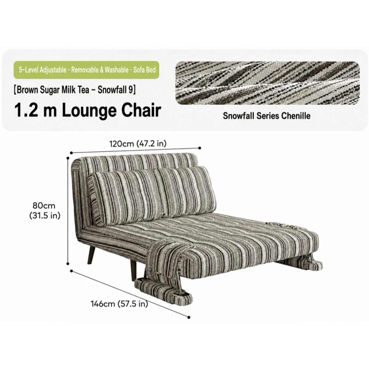 Masca Foldable Sofa Bed with Adjustable Recline & Removable Armrests